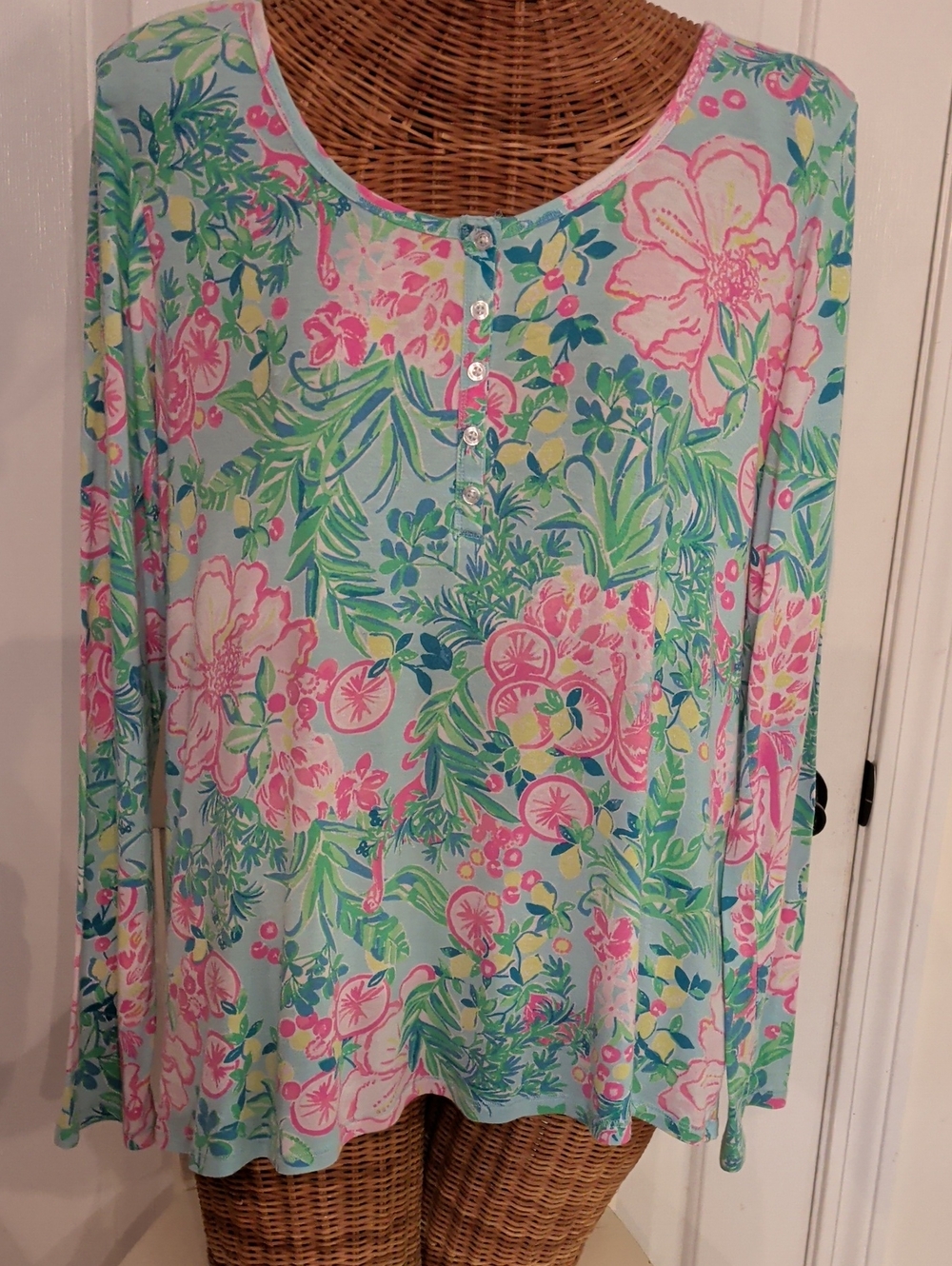 Vintage Lilly Pulitzer Lucretia Pajama Top Green & Pink XL